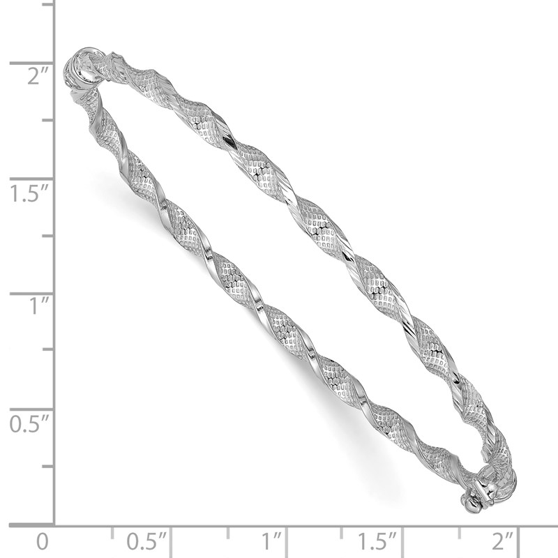 14K with White Rhodium Plating Polished Textured Twisted Hinged Bangle