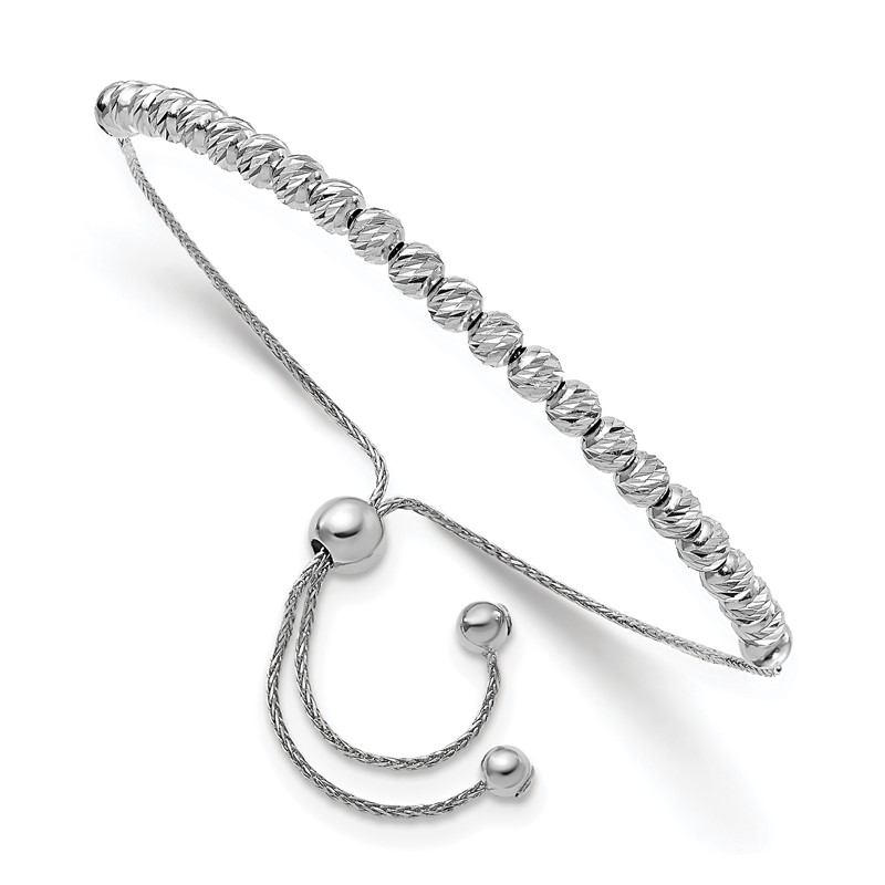 14K White Gold Polished D/C Beaded Bolo Adj. Bracelet