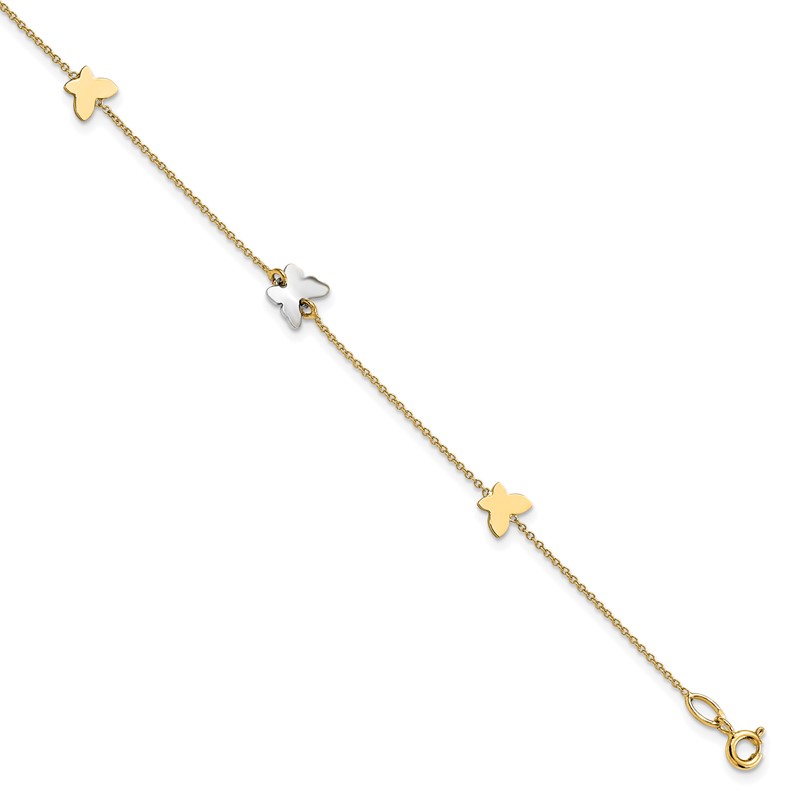 14k Two-tone Polished Butterfly w/ 1in ext  Anklet