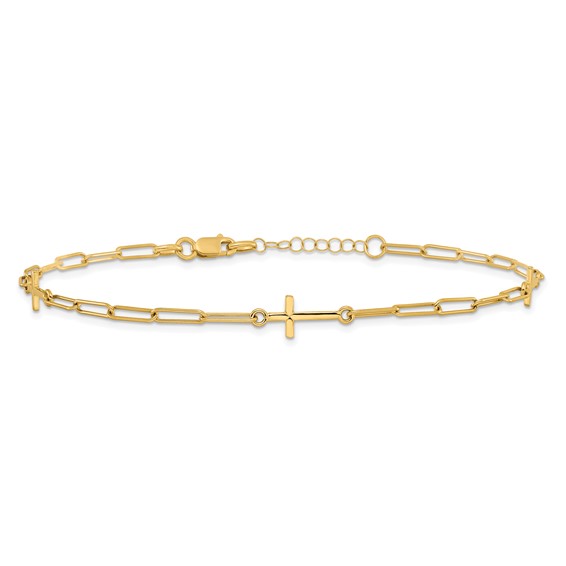 Leslie's 14K Cross and Paperclip Link 3-Station 9 inch Plus 1inch Extender - Total 10 inch Anklet