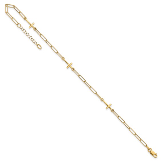 Leslie's 14K Cross and Paperclip Link 3-Station 9 inch Plus 1inch Extender - Total 10 inch Anklet
