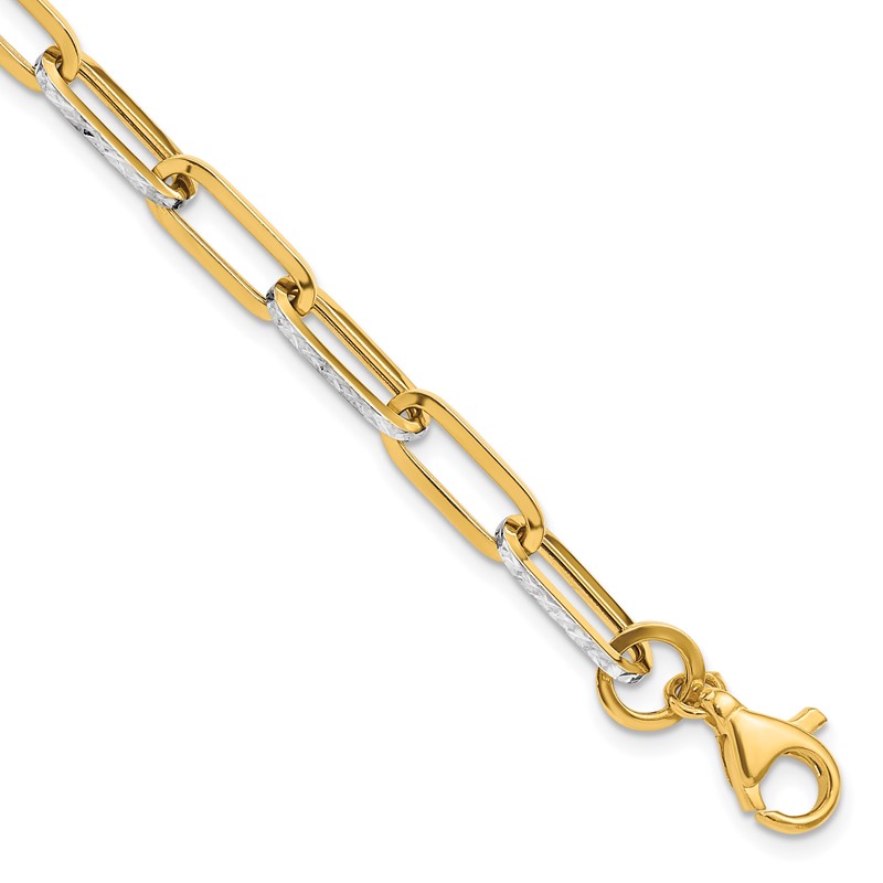 14K w/White Rhodium Polished / Diamond-cut Link Bracelet