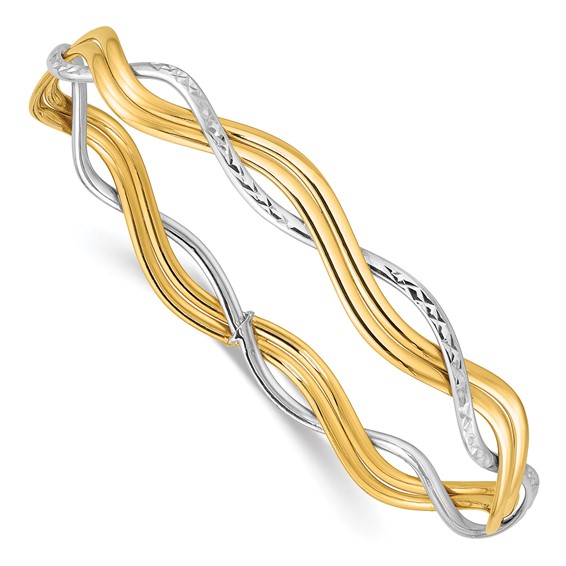 Leslie's 14K w/Rhodium Polished and Dia-cut Braided Slip-On Bangle