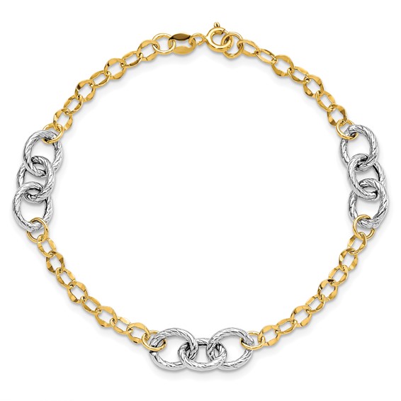 Leslie's 14K Two-tone Polished and Textured Fancy Link Bracelet