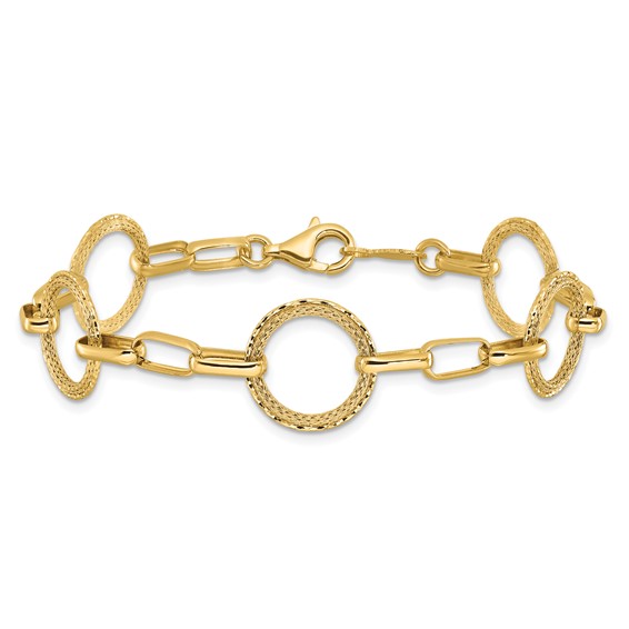 Leslie's 14K Polished/Dia-cut/Textured Circles Fancy Link Bracelet