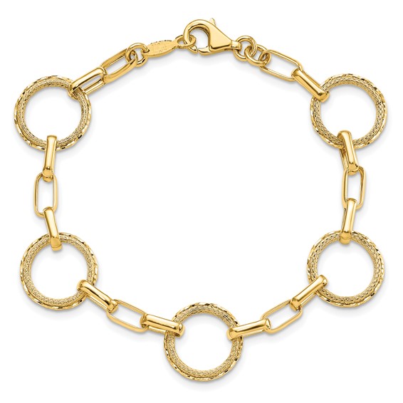 Leslie's 14K Polished/Dia-cut/Textured Circles Fancy Link Bracelet