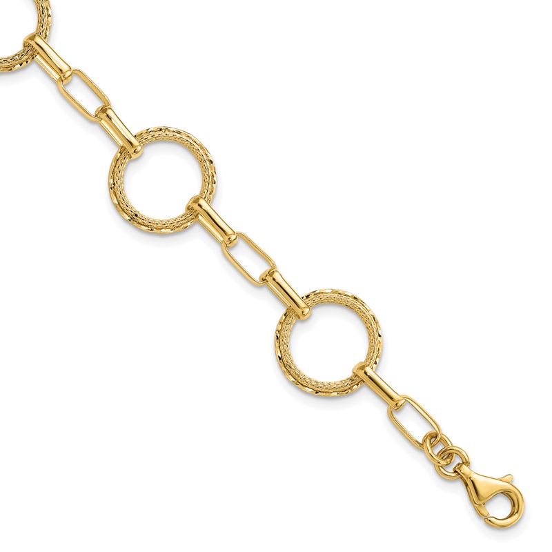 14K Polished/Dia-cut/Textured Circles Fancy Link Bracelet
