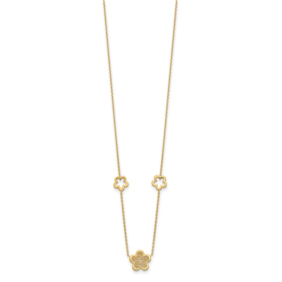 Leslie's 14K Polished and Filigree Flower Stations with 1in. ext. Necklace