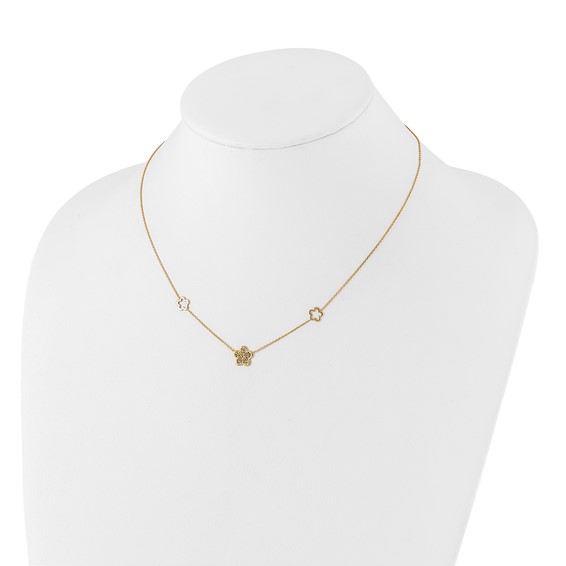 Leslie's 14K Polished and Filigree Flower Stations with 1in. ext. Necklace
