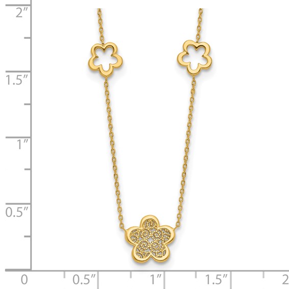 Leslie's 14K Polished and Filigree Flower Stations with 1in. ext. Necklace