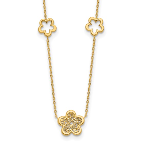 Leslie's 14K Polished and Filigree Flower Stations with 1in. ext. Necklace