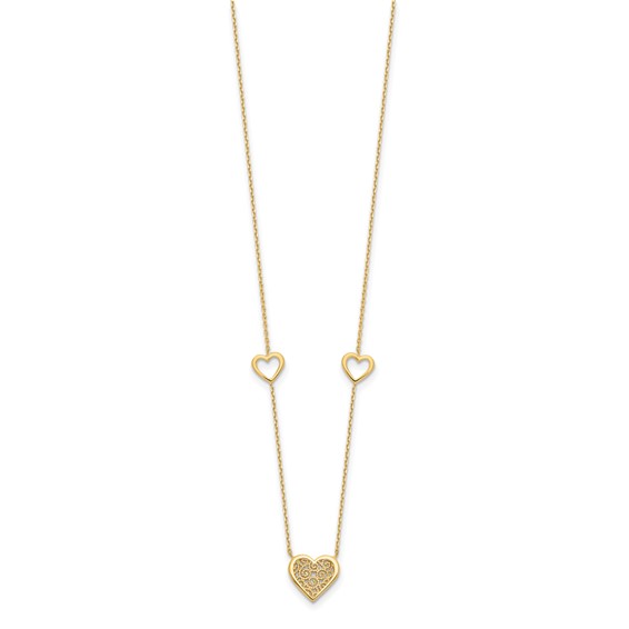 Leslie's 14K Polished and Filigree Heart Stations with 1in. ext. Necklace