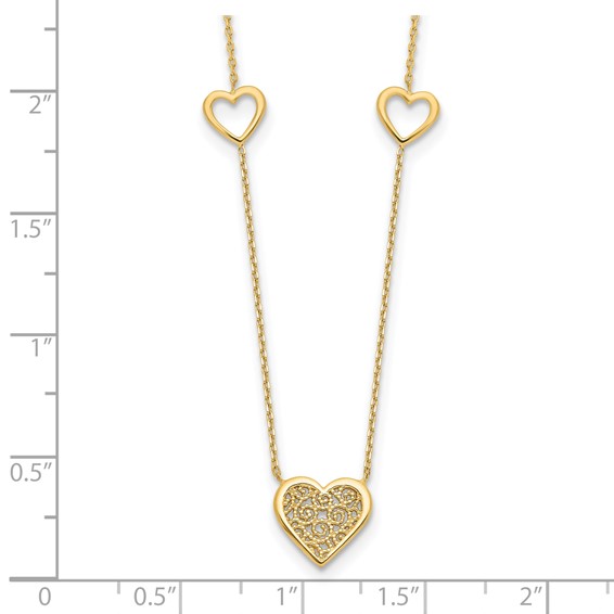 Leslie's 14K Polished and Filigree Heart Stations with 1in. ext. Necklace