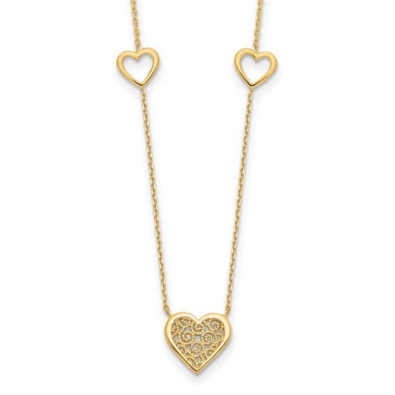 Leslie's 14K Polished and Filigree Heart Stations with 1in. ext. Necklace