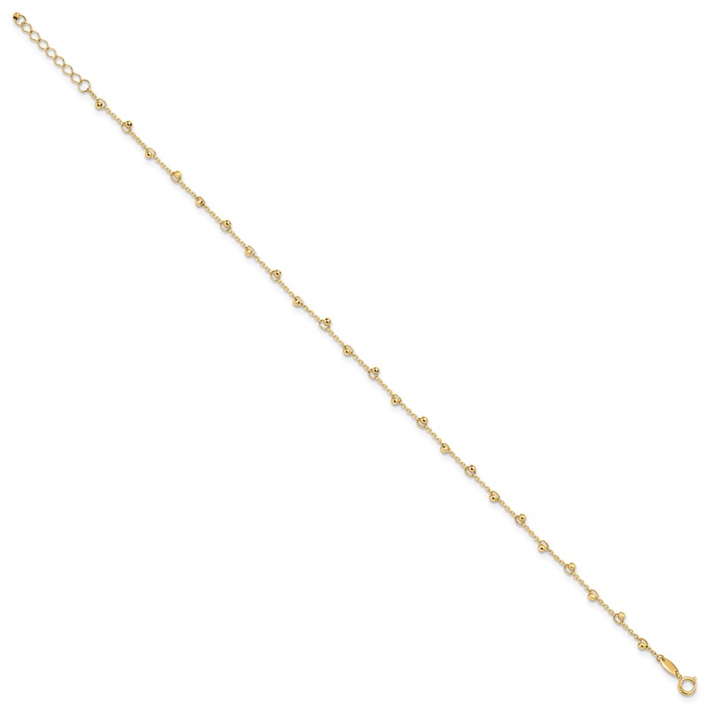 14K Polished and Diamond-cut Beads 9in Plus 1in ext. Anklet