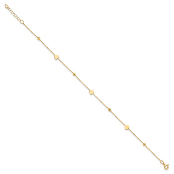 Leslie's 14K Polished Heart and Beads 9in Plus 1in ext. Anklet