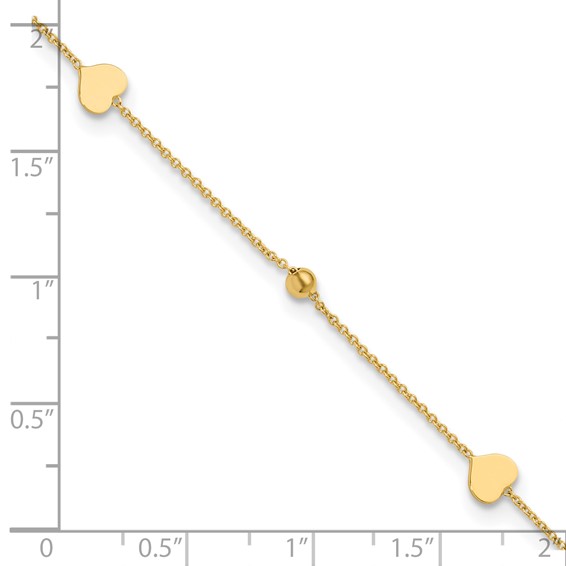 Leslie's 14K Polished Heart and Beads 9in Plus 1in ext. Anklet