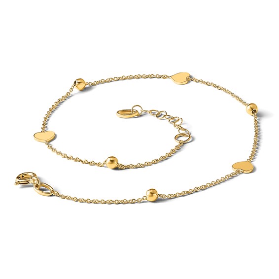 Leslie's 14K Polished Heart and Beads 9in Plus 1in ext. Anklet