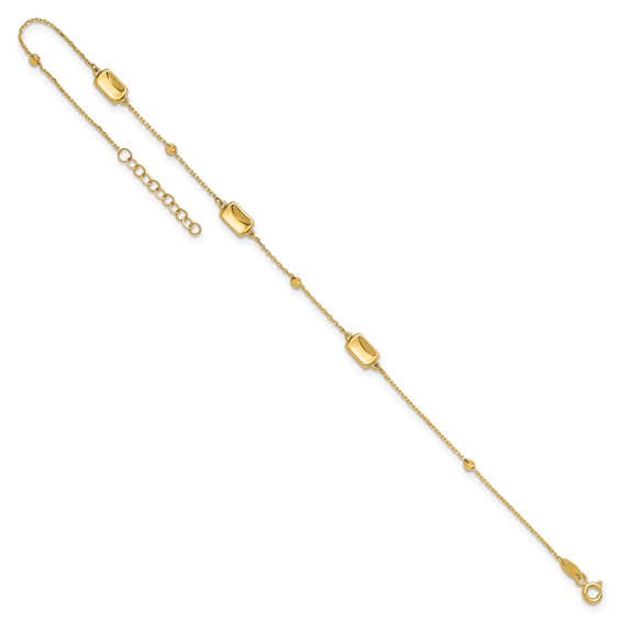 Leslie's 14K Rectangle and Diamond-cut Bead 9 inch Plus 1 inch Extender - Total 10 inch Anklet