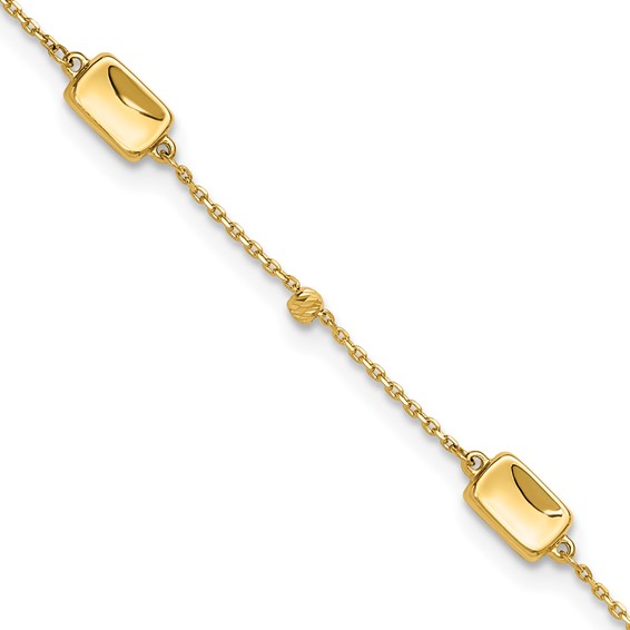 Leslie's 14K Rectangle and Diamond-cut Bead 9 inch Plus 1 inch Extender - Total 10 inch Anklet