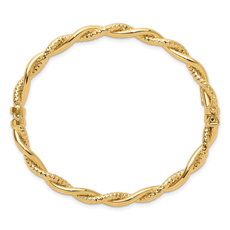 14K Polished and Textured Twisted Hinged Bangle