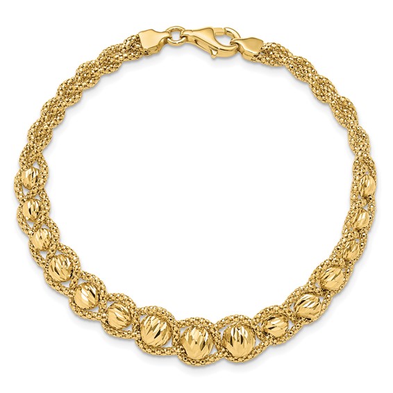 Leslie's 14K Polished Textured and Diamond-cut Beaded Bracelet