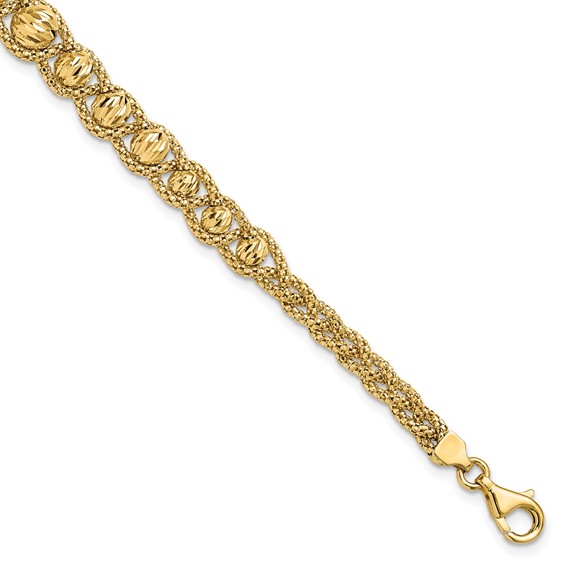 Leslie's 14K Polished Textured and Diamond-cut Beaded Bracelet