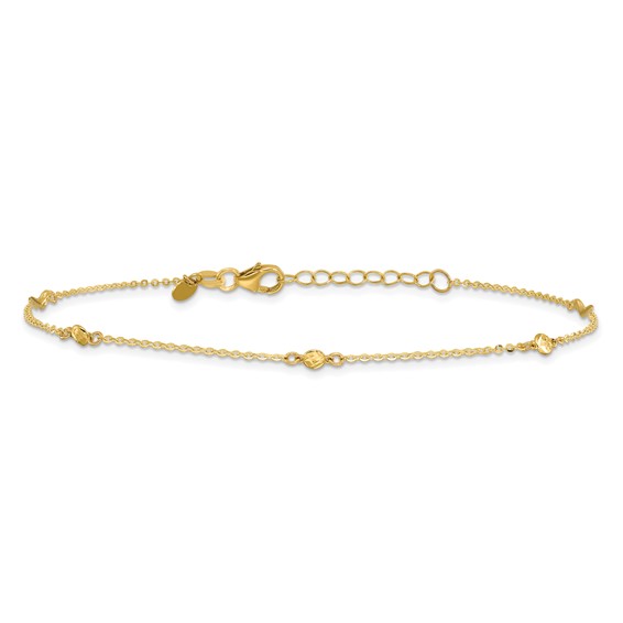 Leslie's 14k Diamond-cut Bead 5-Station 9 inch Plus 1 inch Extender - Total 10 inch Anklet