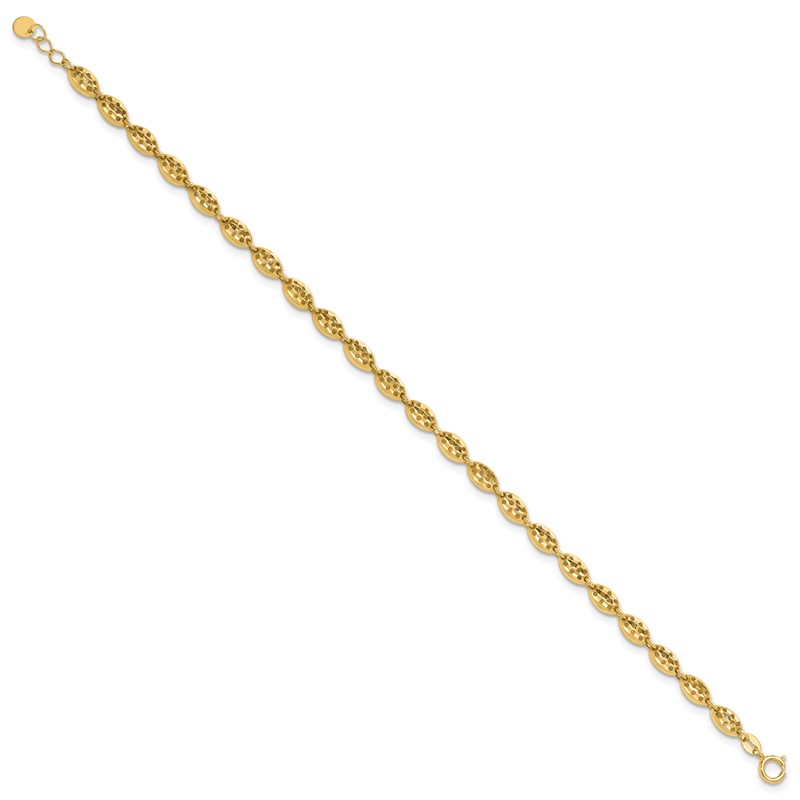 14K Polished and D/C Fancy Oval Link w/.25in ext. Bracelet