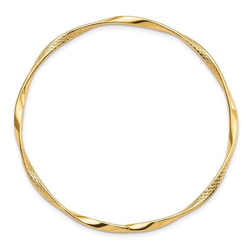 14K Polished and Textured Twisted Slip-on Bangle