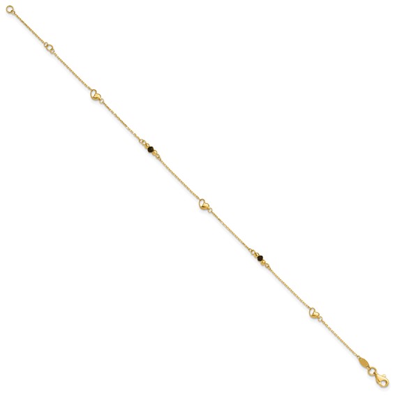 Leslie's 14K Heart and Lab Created Onyx  9 inch Plus 1 inch Extender - Total 10 inch Anklet