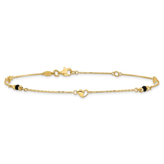 Leslie's 14K Heart and Lab Created Onyx  9 inch Plus 1 inch Extender - Total 10 inch Anklet