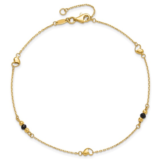 Leslie's 14K Heart and Lab Created Onyx  9 inch Plus 1 inch Extender - Total 10 inch Anklet