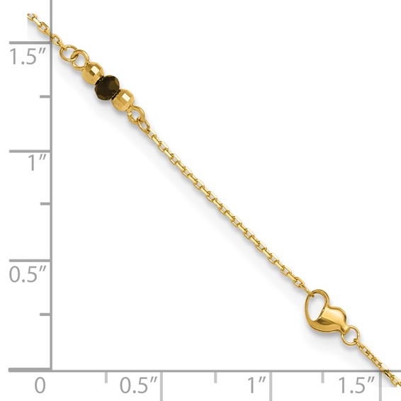 Leslie's 14K Heart and Lab Created Onyx  9 inch Plus 1 inch Extender - Total 10 inch Anklet