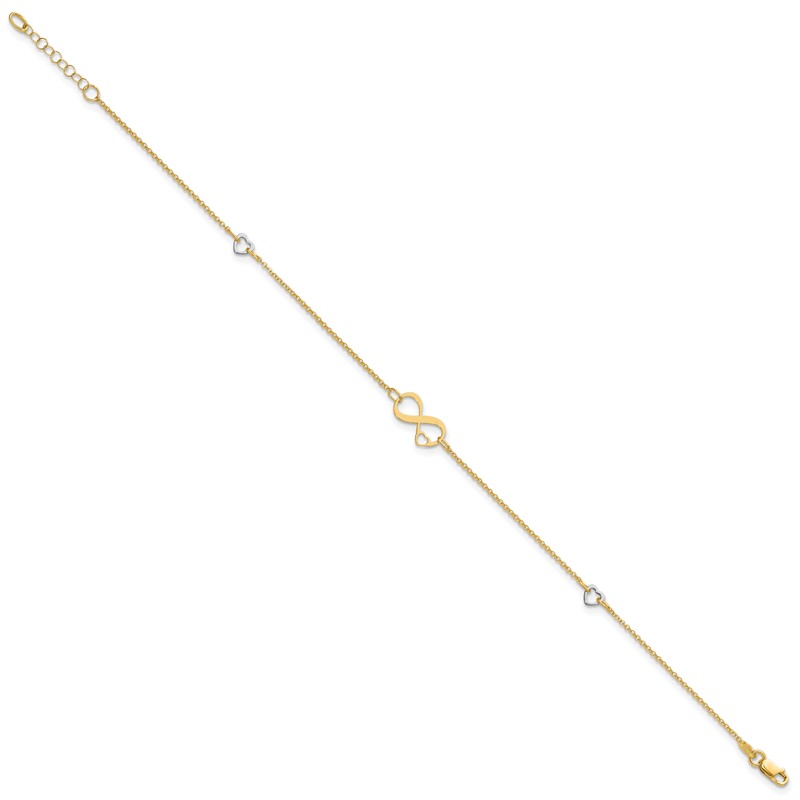 14K Two-tone Polished Infinity Open Heart 9in Plus 1in ext. Anklet