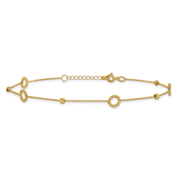 Leslie's 14K Circle and Diamond-cut Bead 10 inch Plus 1 inch Extender - Total 11 inch Anklet