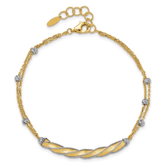 Leslie's 14K Two-tone Polish/Satin/Dia-cut Fancy Bar w/1in ext. Bracelet