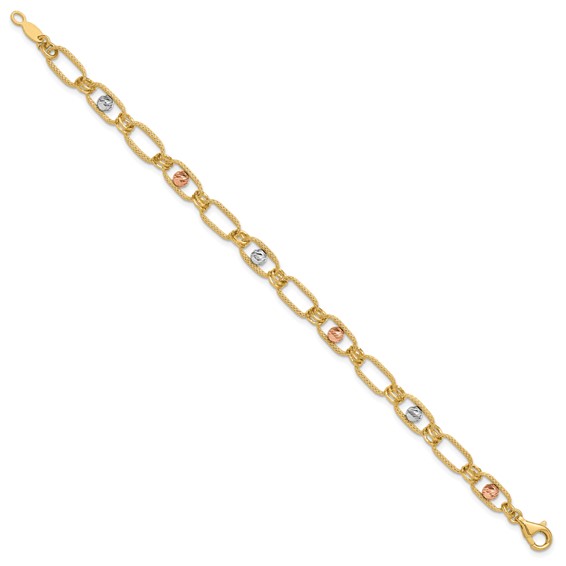 Leslie's 14K Tri-color Polished/Textured/Dia-cut Fancy Link Bracelet
