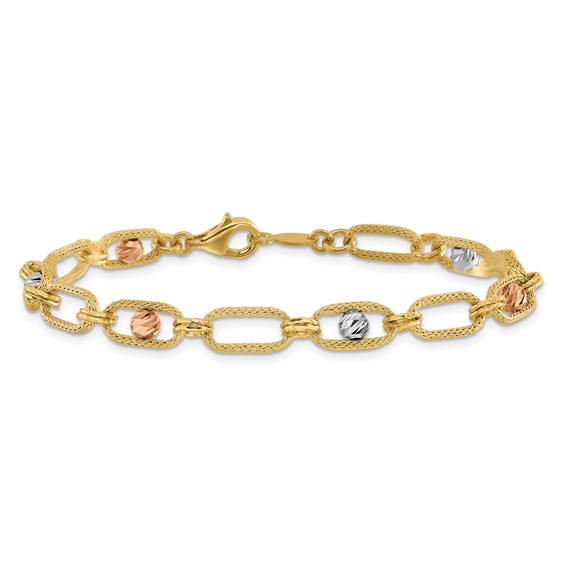 Leslie's 14K Tri-color Polished/Textured/Dia-cut Fancy Link Bracelet