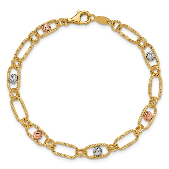 Leslie's 14K Tri-color Polished/Textured/Dia-cut Fancy Link Bracelet