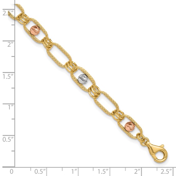 Leslie's 14K Tri-color Polished/Textured/Dia-cut Fancy Link Bracelet