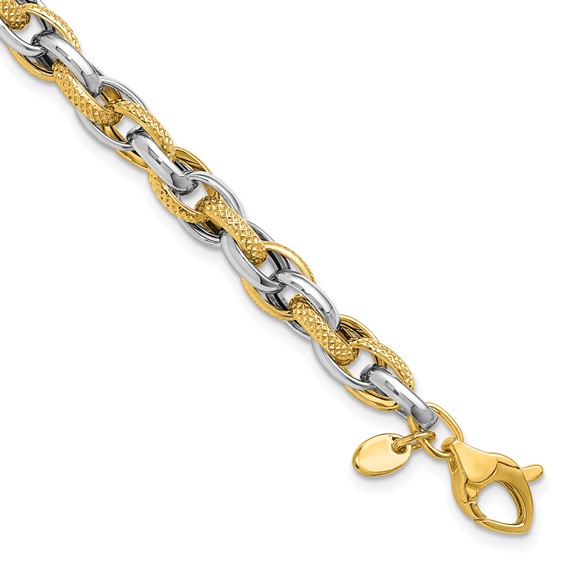 Leslie's 14K Two-tone Polished and Textured Fancy Link Bracelet