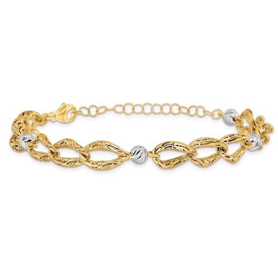Leslie's 14K Two-tone Polished/Textured/Dia-cut w/2in ext. Bracelet