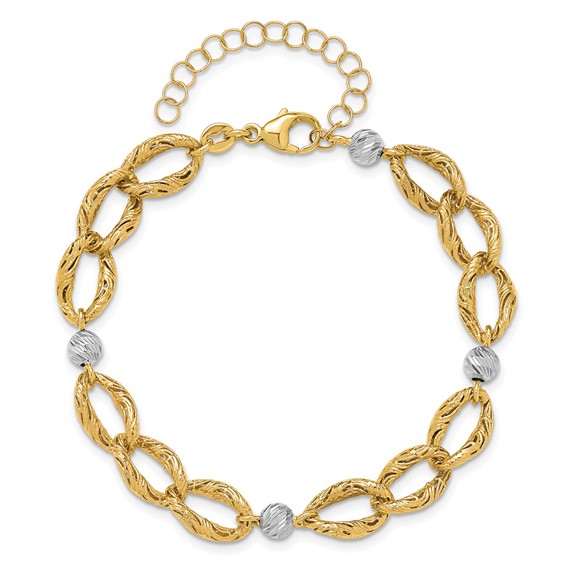 Leslie's 14K Two-tone Polished/Textured/Dia-cut w/2in ext. Bracelet