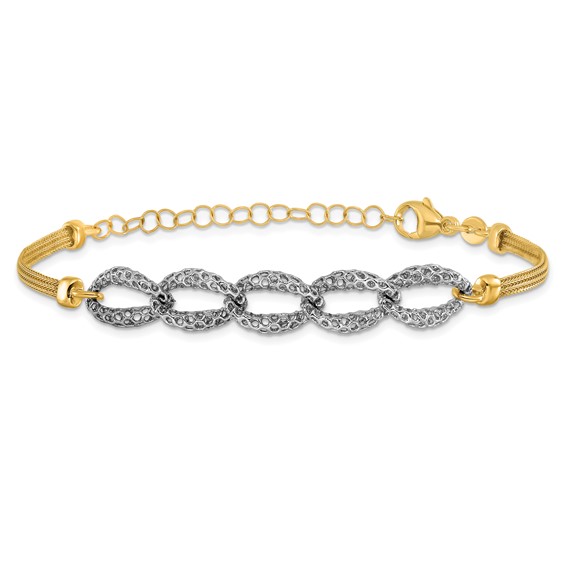 Leslie's 14K Two-tone Polished/Textured/Dia-cut w/2in ext. Bracelet