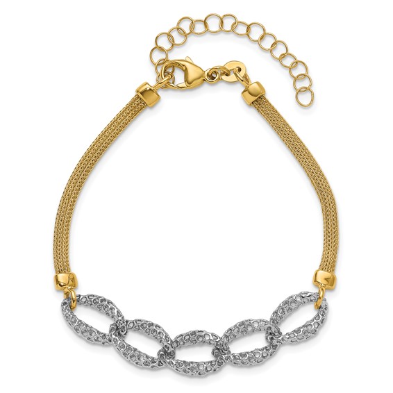 Leslie's 14K Two-tone Polished/Textured/Dia-cut w/2in ext. Bracelet