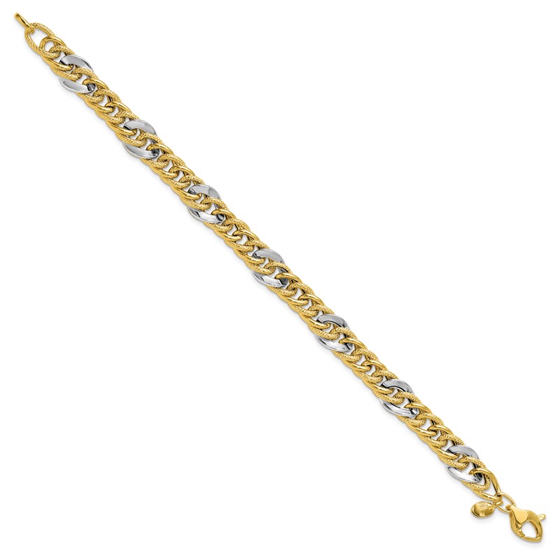 14K Two-tone Polished and Textured Fancy Link Bracelet