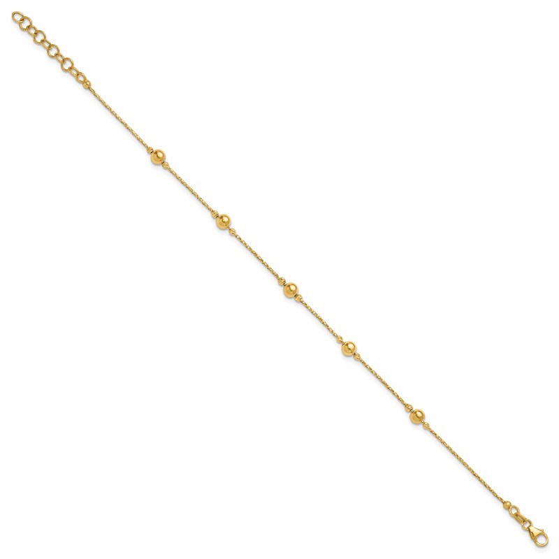 14K Polished/Textured/Dia-cut Beads w/1in ext. Bracelet