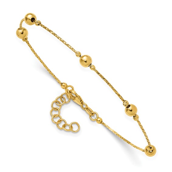 Leslie's 14K Polished/Textured/Dia-cut Beads w/1in ext. Bracelet