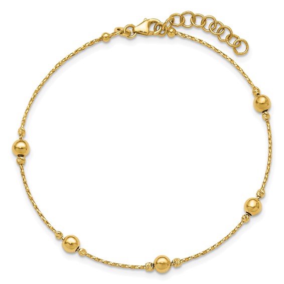 Leslie's 14K Polished/Textured/Dia-cut Beads w/1in ext. Bracelet